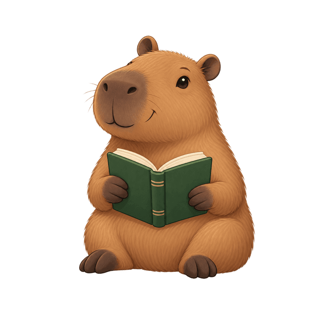 Capivarinha sorridente estudando com um livro verde